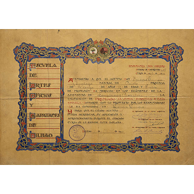 &quot;Diploma del primer premio otorgado a Isidoro Guinea de la Escuela de Artes y capataces de Bilbao, otorgado en la asignatura de Exposición decorativa del año 1911&quot;