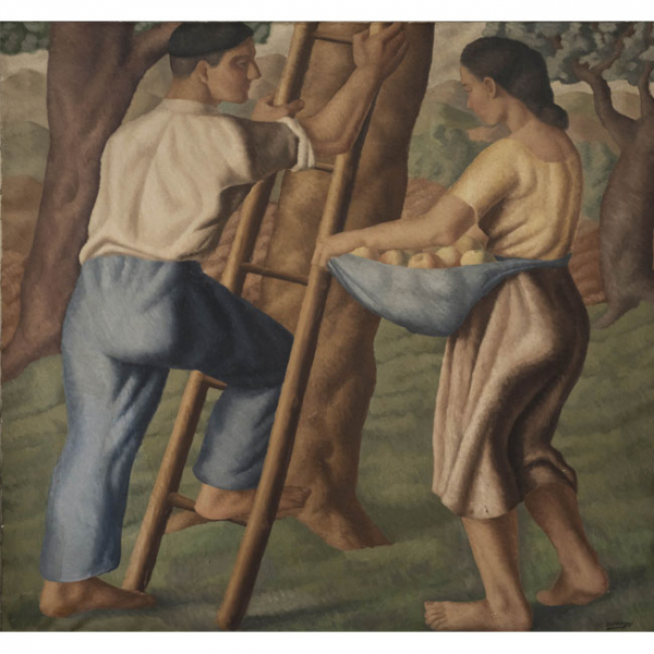 &quot;La recogida de la manzana&quot; JOSE SARRIEGUI (Ordizia, 1911-1967)   Técnica: Óleo/Lienzo