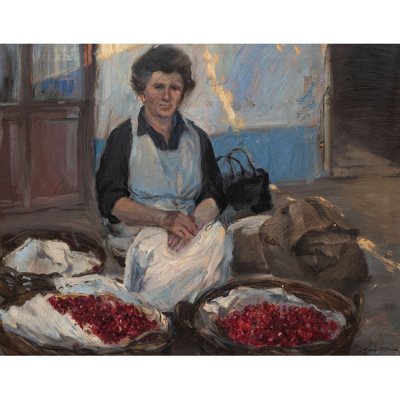 JOS&Eacute; &Aacute;NGEL GARC&Iacute;A TOTORICA   (Galdames, Vizcaya 1941)  "Vendedora de cerezas "  Firmado: J. Garcia Totorica  &Oacute;leo / Lienzo 