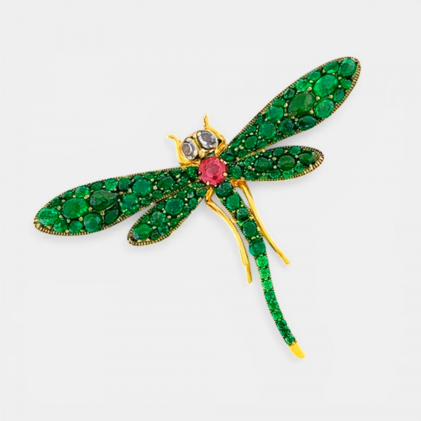 Broche Libélula con esmeraldas naturales, zafiros naturales, turmalina y diamantes talla rosa  