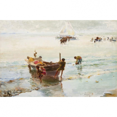 Jos&eacute; Navarro LLorens. "Ni&ntilde;os en la playa de Valencia". &Oacute;leo sobre lienzo adherido a cart&oacute;n. Firmado