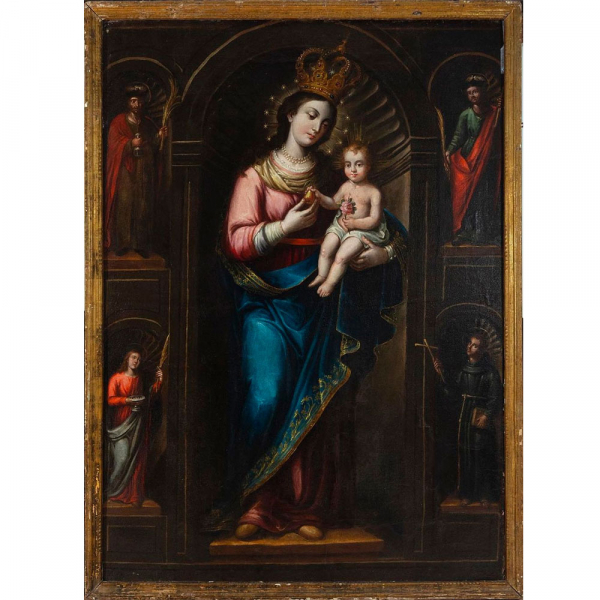 "Virgen de la Pera". Monumental Óleo sobre lienzo, Escuela Colonial Mexicana del siglo XVII, atribuido a José de Páez (Ciudad de México, 1721- c. 1780)