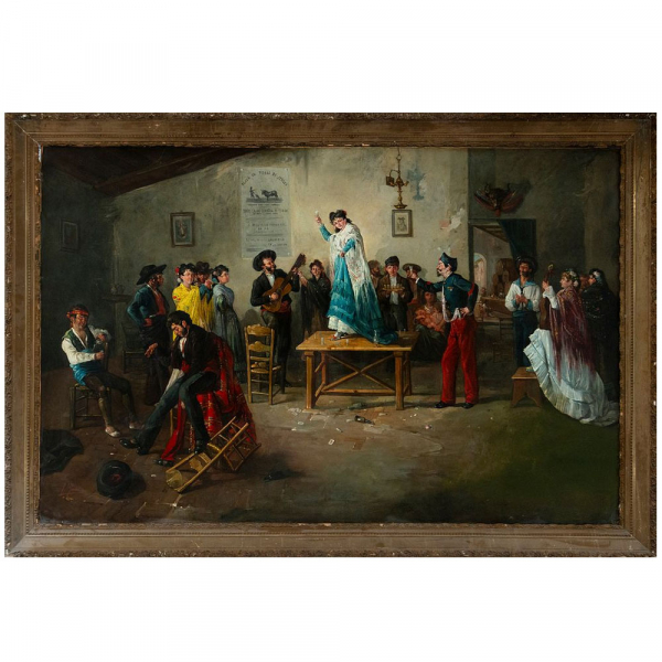 "Escena de taberna andaluza" de la Escuela Costumbrista Española del siglo XIX.   Óleo sobre lienzo.