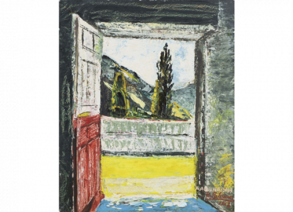 BENJAMÍN PALENCIA (Barrax, Albacete, 1894 - Madrid, 1980)  Paisaje desde el zaguán del estudio, 1965    Óleo sobre táblex.