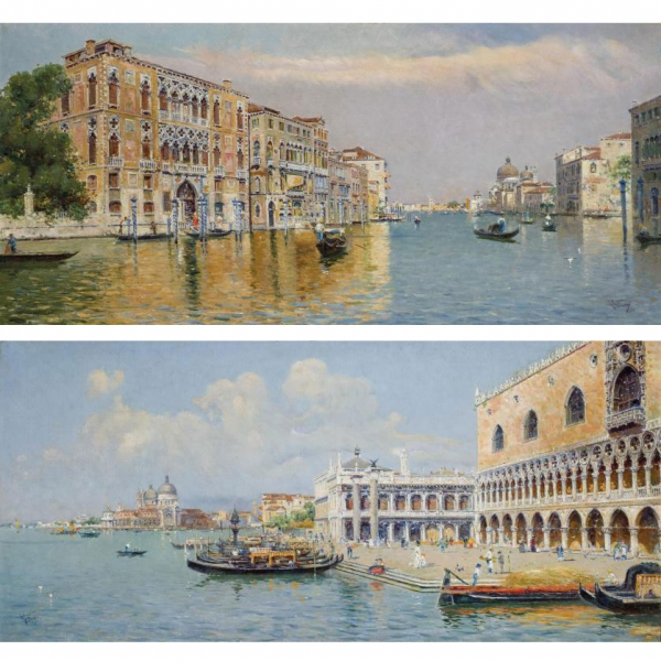 Antonio Reyna Manescau.   &quot;Gran Canal y Palazzo Ducale&quot;. Dos óleos sobre lienzo.