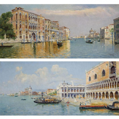 Antonio Reyna Manescau.   &quot;Gran Canal y Palazzo Ducale&quot;. Dos óleos sobre lienzo.