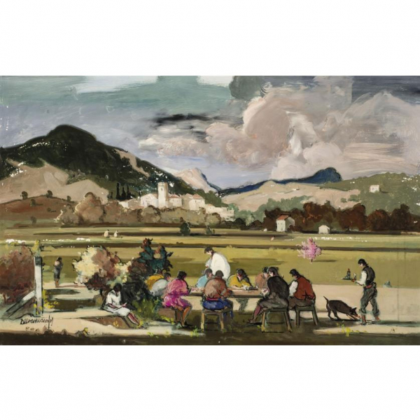 Rafael Durancamps.  "El merendero". &Oacute;leo sobre tablex. Firmado en el &aacute;ngulo inferior izquierdo.