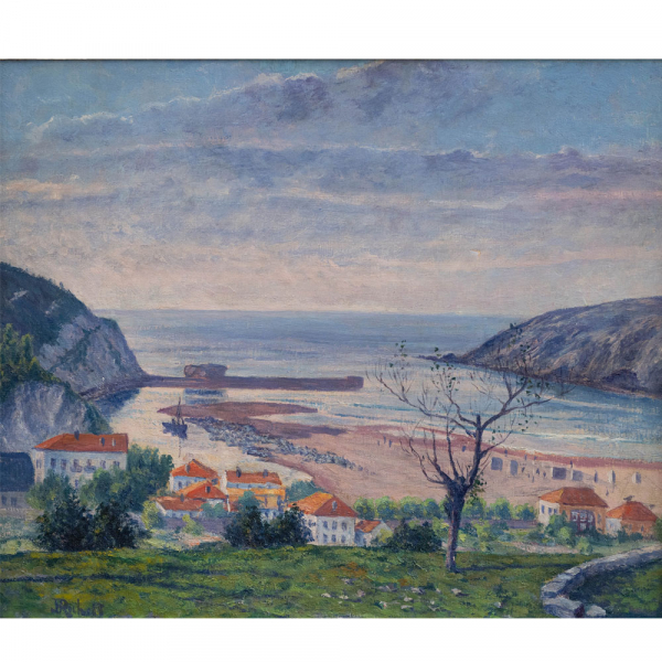 "Vista panorámica de Plencia"  JUAN JOSE ROCHELT (Bilbao, 1881 - Madrid, 1953)  Óleo/lienzo.