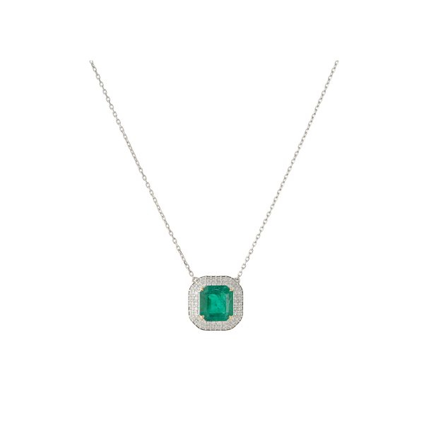 Gargantilla en oro blanco con esmeralda de Zambia talla octogonal orlada por pavé de diamantes talla brillante.