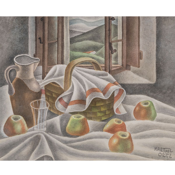 &quot;Bodegón con cesta, jarra, manzanas y ventana de fondo&quot;  Nicolás Martínez Ortíz de Zárate (Bilbao, 1907 - 1987)