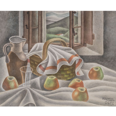 &quot;Bodegón con cesta, jarra, manzanas y ventana de fondo&quot;  Nicolás Martínez Ortíz de Zárate (Bilbao, 1907 - 1987)