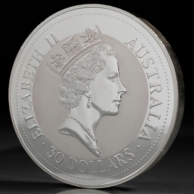 Moneda de Elizabeth II de 30 dolares en plata fina de 999 milésimas. C. 1992.