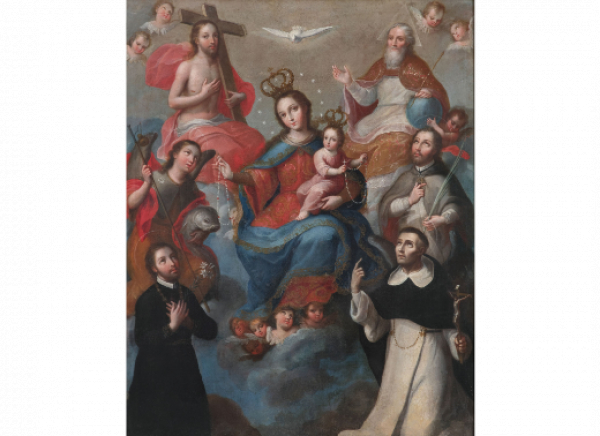 ATRIBUIDO A JOSÉ DE PÁEZ (Ciudad de México, 1721-1780).  La Virgen entronizada con el Niño, la Santísima Trinidad y santos: Arcángel Rafael, un santo jesuita, San Juan Nepomuceno y Santo Domingo de Guzmán. 