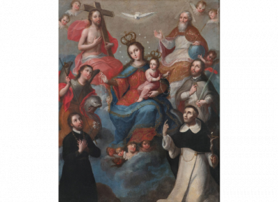 ATRIBUIDO A JOSÉ DE PÁEZ (Ciudad de México, 1721-1780).  La Virgen entronizada con el Niño, la Santísima Trinidad y santos: Arcángel Rafael, un santo jesuita, San Juan Nepomuceno y Santo Domingo de Guzmán. 