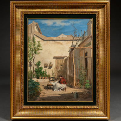 &quot;Mujer tejiendo&quot;.  MANUEL ARELLANO Y CAMPOS - Escuela Española, S. XIX. 