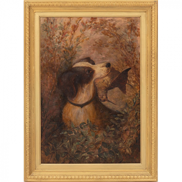 FEDERICO JIMENEZ FERNANDEZ   (Madrid 1841- Huesca 1931)  "Perro cobrando sorda"  Firmado: F. Jimenez  &Oacute;leo / Lienzo