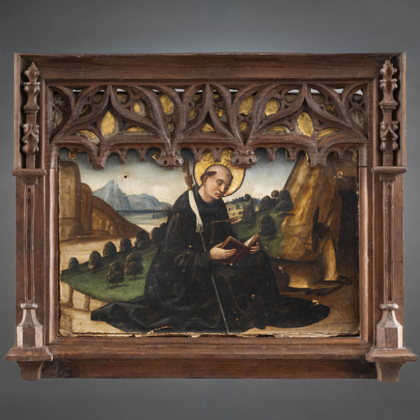 "San Egidio y Santa Teresa con el crucifijo" Conjunto de dos tablas pintadas al óleo del siglo XVI.  ESCUELA VALENCIANA DEL SIGLO XVI.   Los marcos son de época posterior del siglo XIX realizados en madera tallada.