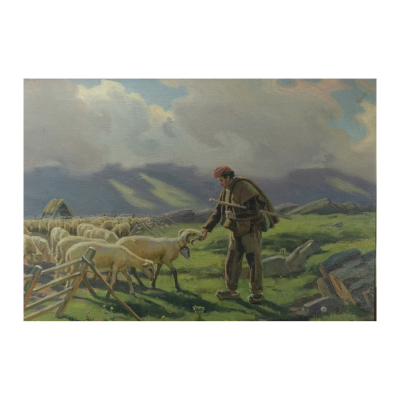 Dionís Baixeras Verdaguer (Barcelona, 1862-1943)  Pastor con ovejas.    Óleo sobre tela. Firmado. 