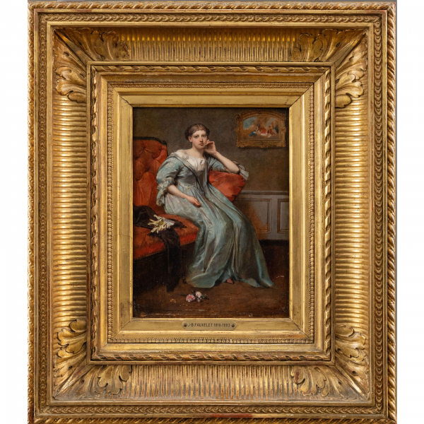 &quot;Dama en el sofá&quot;.  JEAN BAPTISTE FAUVELET (Burdeos, 1819-Chartres, 1883).   Firmado: Firmado.   Técnica: Óleo/Tabla
