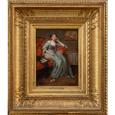 &quot;Dama en el sofá&quot;.  JEAN BAPTISTE FAUVELET (Burdeos, 1819-Chartres, 1883).   Firmado: Firmado.   Técnica: Óleo/Tabla