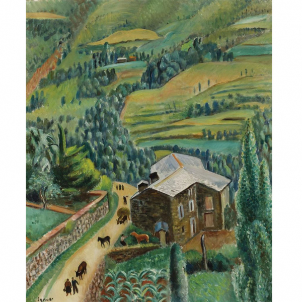 Joaquín Sunyer. "Paisaje de Queralbs (1954)". Óleo sobre lienzo. Firmado en el ángulo inferior izquierdo.