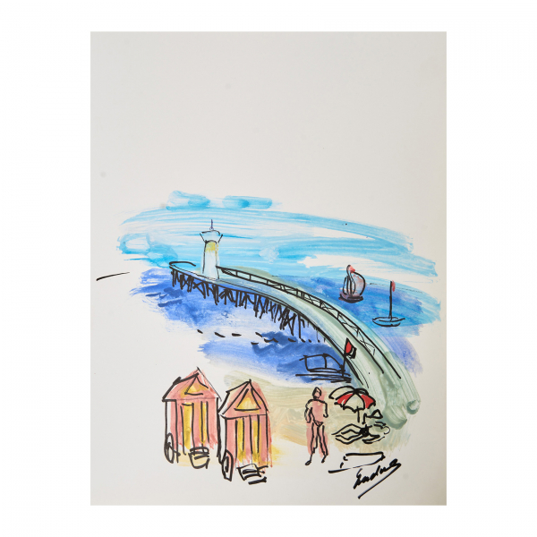Carles Nadal Ferreres (París, Francia, 1917-Sitges, Barcelona, 1998) Escena de playa con muelle. Técnica mixta 