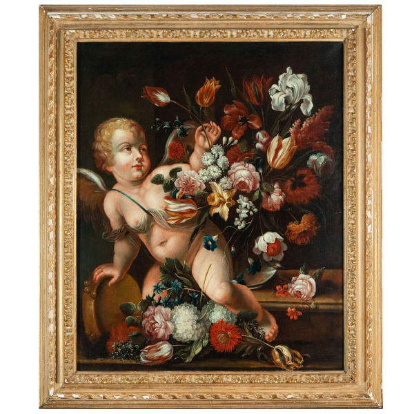 "Bodeg&oacute;n de Flores con querub&iacute;n" de la Escuela Italiana del siglo XVII, c&iacute;rculo de Mario de' Fiori. 