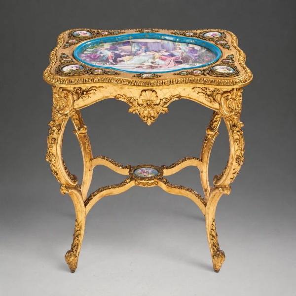 Mesa de centro Napole&oacute;n III con placas de porcelana Royal Vienna, Francia, c. 1870.
