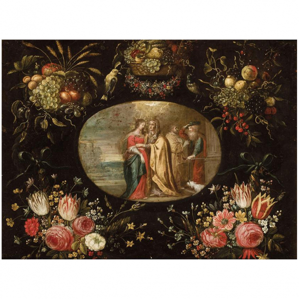 JAN BRUEGHEL EL JOVEN / FRANS FRANKEN III (1601 - 1678) &quot;Visita a la Virgen con orla de flores&quot;. Óleo sobre cobre.