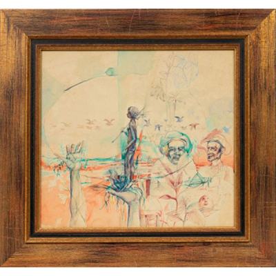 ROBERTO FABELO   (Cuba 1950)  &quot;Marina con personajes y palomas&quot;  Firmado: Fabelo 1975  Acuarela / Papel  