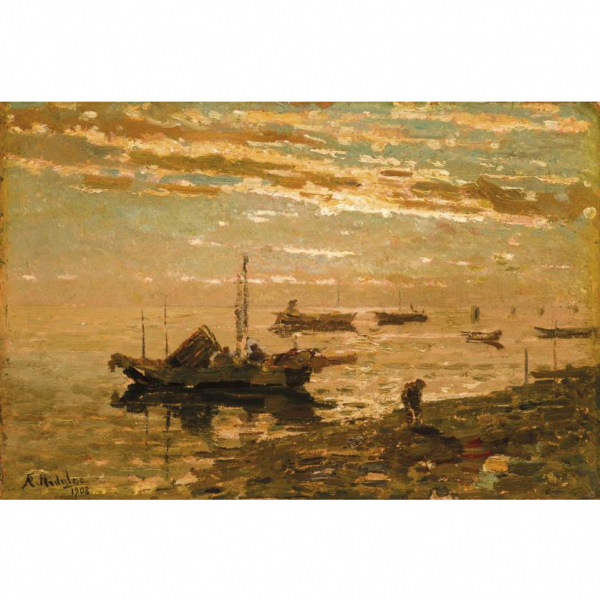 Félix Resurrección Hidalgo.   &quot;Mariscadores (1908)&quot;. Óleo sobre cartón. 