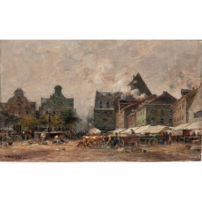 Karl Stuhlmüller (Múnich, 1859 - 1930) &quot;Mercado con ganado&quot;