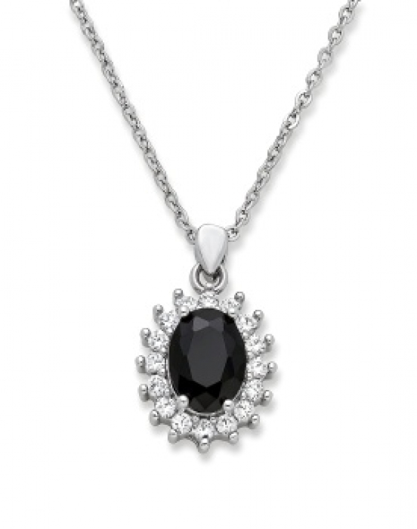 Cadena y colgante en plata con ónix central y orla de zafiros blancos