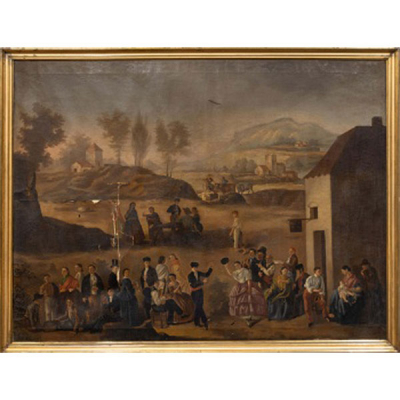  ESCUELA ANDALUZA  (S. XIX) &quot;Día de feria con personajes bailando y vista de ciudad al fondo&quot;
