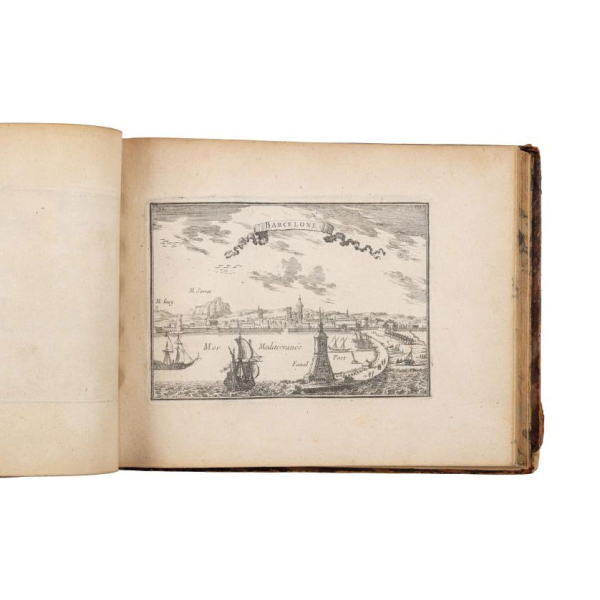 "Les plans et profils des principales villes et lieux considerables de la Principaute de Catalogne".  (c. 1650).   Ex-libris de Gustavo Gili.