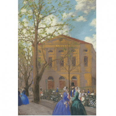 Manuel Losada.   &quot;Junto al teatro&quot;. Gouache sobre papel. Firmado en el ángulo inferior izquierdo.