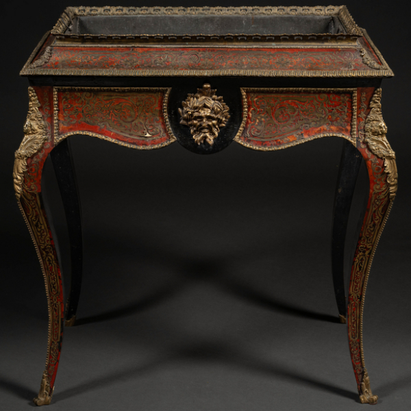 Mueble jardinera francesa Napoleón III con decoración tipo boulle en madera ebonizada en negro con aplicaciones en bronce y latón embutido del siglo XIX