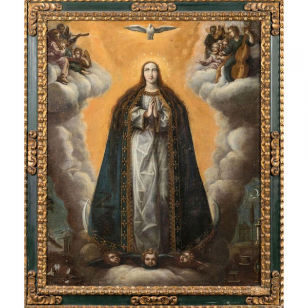 Escuela mexicana del siglo XVII - &quot;Anunciación&quot;. Esta obra procede de la ciudad de Morelia.   Óleo sobre lienzo.