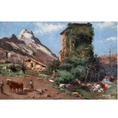 VALENT&Iacute;N DE ZUBIAURRE AGUIRREZABAL   (Madrid 1879 - 1963)  "Paisaje rural con aldeanos y bueyes "   