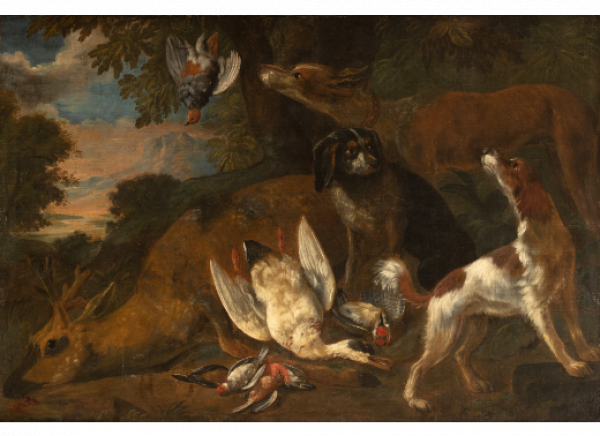 ESCUELA FLAMENCA, SIGLO XVII  Naturaleza muerta con corzo, perros, jilgueros sobre un paisaje. 