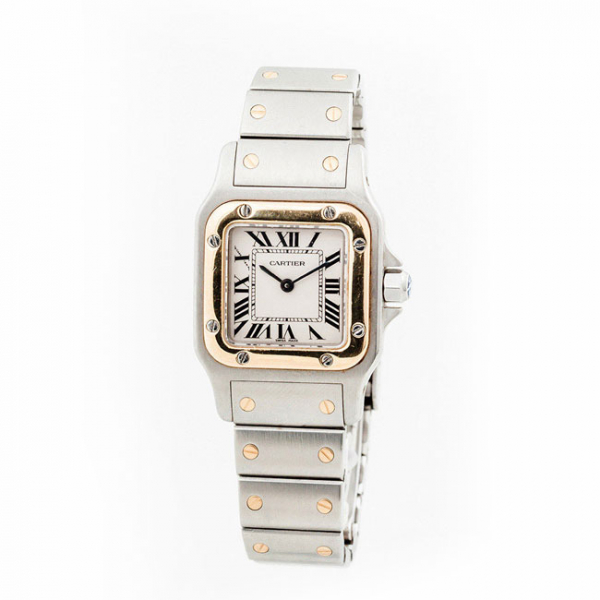 Reloj suizo, sra. CARTIER Santos Galbée (ref: 1057930) en caja de acero, 24 mm, con bisel de oro amarillo 18 K.