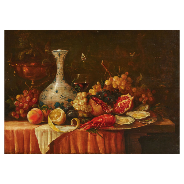 Escuela flamenca, s.XVII. Bodegón con jarrón, langosta, ostras y fruta. Óleo sobre tabla.