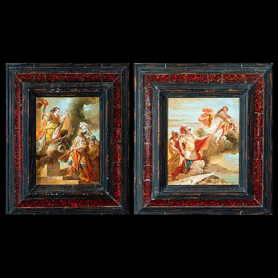 Escuela Francesa del siglo XVIII - Pareja de cobres de escenas mitológicas (Despedida de Venus a Eneas, &quot;Mademoiselle&quot; Clairon como Medea).   Óleo sobre cobre.