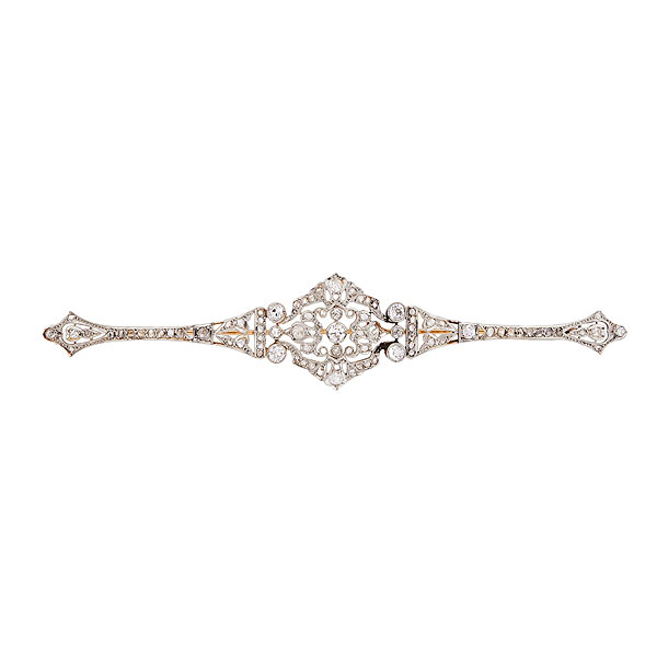 Aguja lanzadera Art Deco en oro y vistas en platino con calado de diamantes tallas brillante antigua y rosa 3/3, c.1930,