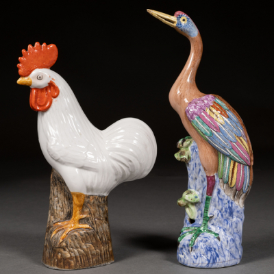 Conjunto de garza y gallo en porcelana china familia rosa, Trabajo Chino, Siglo XX