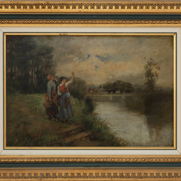 &quot;Aldeanas llamando al barquero&quot;  L. GARGALLO, ESCUELA ESPAÑOLA DEL SIGLO XIX-XX 