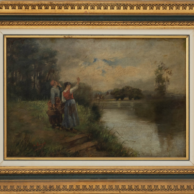 &quot;Aldeanas llamando al barquero&quot;  L. GARGALLO, ESCUELA ESPAÑOLA DEL SIGLO XIX-XX 