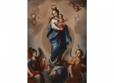 JOSE IBARRA (Guadalajara, 1685 - Ciudad de Méjico, 1756).  Inmaculada Concepción con el Niño, San Miguel arcángel y San Rafael. 