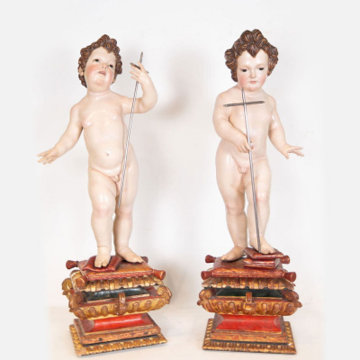 Excepcional "Pareja de Ni&ntilde;o Jes&uacute;s y San Juanito" en talla, atribuidos a Juan de Mesa (C&oacute;rdoba, 26 de junio de 1583 - Sevilla, 26 de noviembre de 1627).