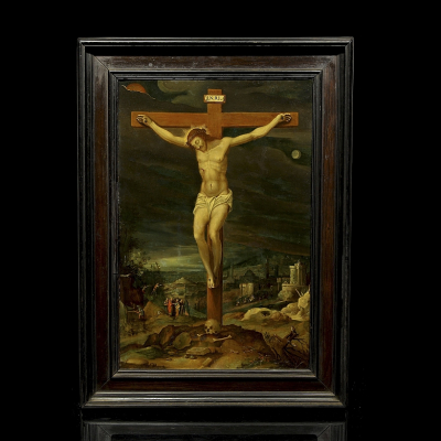 Escuela Flamenca s.XVII "Cristo en la cruz". &Oacute;leo sobre cobre 